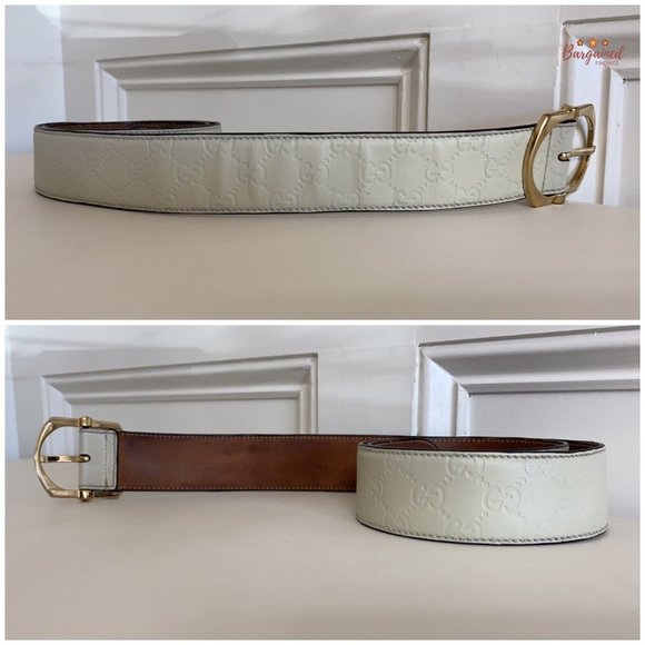 Authentic Gucci Cream GG Embossed Signature Leather Gold Pin Buckle Belt 90/36 - Picture 10 of 13